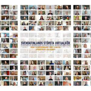 Åtta större rutor med många små rutor med bilder på människor i. I mitten står det Svenskfinlands största virtualkör.