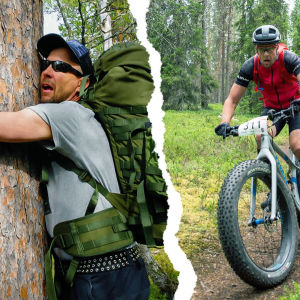 Mikko "Peltsi" Peltola halaa puuta ja ajaa maastopyörää kuvakollaasissa.