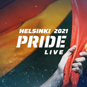 Käsi pitelee sateenkaarilippua - kuvassa teksti Helsinki Pride 2021 Live
