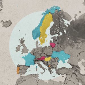 Euroopan kartta, jossa osa maista on korostettu eri väreillä.