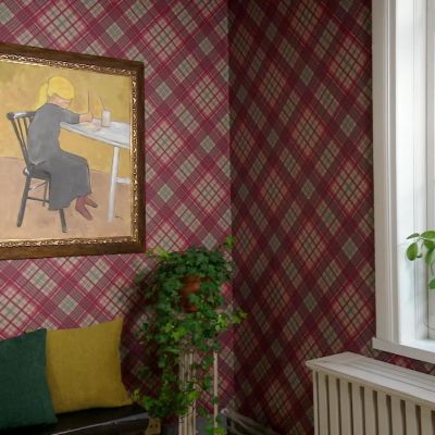 Tavla med motiv av målande flicka uppe på tapetserad vägg.