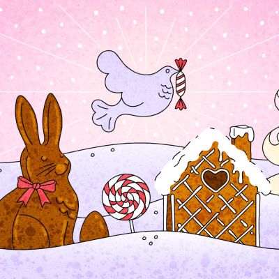 Vaaleanpunapohjaisessa kuvassa suklaapupu, suklaamökki, jäätelö, rauhakyyhky karkkisuussa ja lumisessa maisemassa tikkareita sekä vaalea joulukuusi.