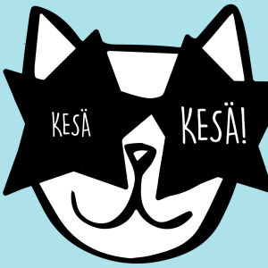 Piirretyn kissan silmillä on tähtiaurinkolasit, joiden linsseissä lukee kesä.