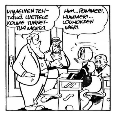 Aku Ankan mallikoulu -sarjakuvassa vuodelta 1974 Aku luettelee kolme merta: Pommeri, Hummeri ja Louhoksen Meri.