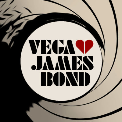 Pistolmynningen (känd från James Bond-filmerna) med texten Vega hjärta James Bond i mitten.
