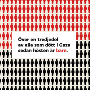 En skärmdump från videon i artikeln med en rad av symboler som representerar människor som dött i kriget i Gaza. På bilden står texten "Över en tredjedel av alla som dött i Gaza sedan hösten är barn."