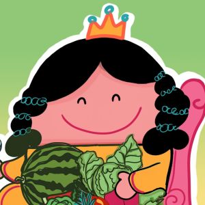 Pieni piirrosprinsessa sylissään vihanneksia.