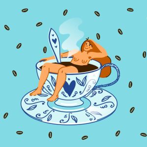 Piirroskuva, jossa nainen makaa perinteisessä posliinisessa kahvikupissa mustan kahvin keskellä. Kupissa ja asetissa on sinisiä kuvioita. Kahvikupin tausta on sininen ja kupin ympärillä on kahvipapuja.