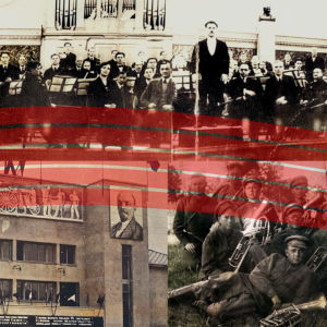 Kuvakollaashissa Petroskoin sinfoniaorkesteri vuonna 1937, Valistustalo ja Tseljabinskin vankileirin puhallinyhtye.