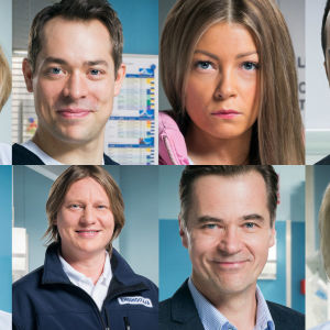 Kuvassa on 8 eri roolihenkilöä sarjasta Syke.
