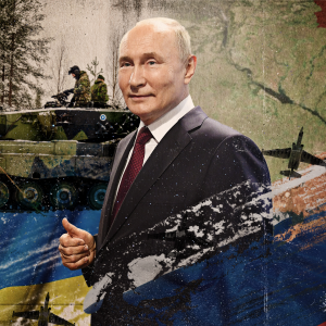Ett kollage med Vladimir Putin som ger tumme upp, en finsk pansarvagn, en karta av Ukraina, Ukrainas flagga, Rysslands flagga och några stridsflygplan.