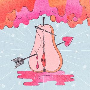 Päärynä, johon on lentänyt amorinnuoli. Päärynässä on haavoja, jotka vuotavat verta. Päärynä symboloi vulvaa.