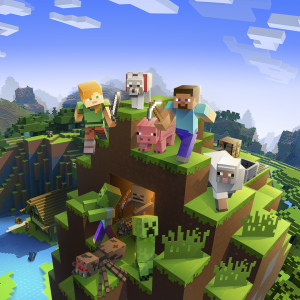Minecraft-pelin aloituskuva, jossa neliskanttiset pelihahmot seisovat vihreä-ruskealla kukkulalla.