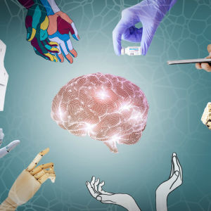 Aivot, joiden ympärillä on erilaisia käsiä, mm. robottikäsi ja paperinivaskaa ojentava käsi.