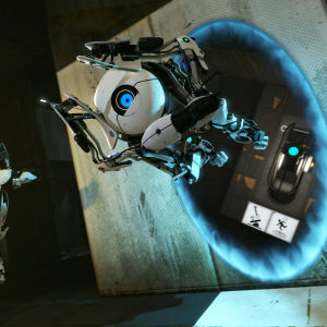 Två androider från det klassiska spelet Portal 2.