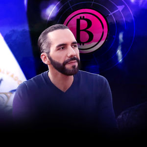 El Salvadorin presidentti Bukele katsoo kaukaisuuteen. Hänen yläpuolellaan on pinkki bitcoinsymboli. 