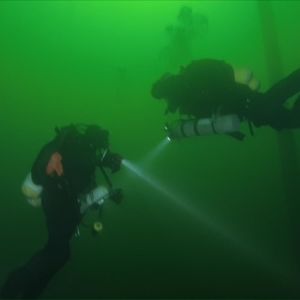 Två dykare med ficklampor lyser åt varsitt håll i ett grönt stort vatten.