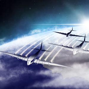 Kolme lentokonetta suihkuttaa rikkiä yläilmakehään, taustalla kaartuu maapallo, jonka takaa aurinko nousee.
