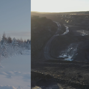 Bilden är tudelad, den enda bilden visar ett gruvlandskap, den andra delen av bilden visar snöiga granar.