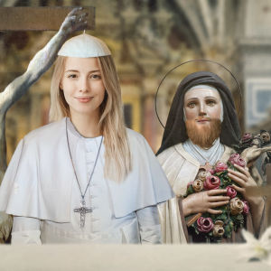 Kuvassa keskellä naispaavi, vasemmalla naisenrintainen Jeesus ja oikealla parrakas naispyhimys.