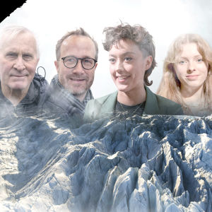 Kuvassa Svinafellsjökullin jäätikkö sekä haastateltavat kalastaja Bragi, kirjailija Andri, opiskelija Tinna ja aktivisti Ida.