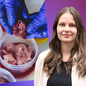 Laura Törnroos står framför en bild på flera plastburkar som innehåller rått kött, uppe i hörnet håller ett par händer med plasthandskar i en bit kött. 