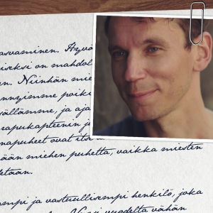 Käsin kirjoitettu kirje, johon on liitetty laitaan Juha Itkosen kuva.