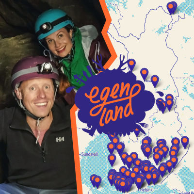 Egenlandin juontajat Nicke Aldén ja Hannamari Hoikkala kypärät ja otsalamput päässä tulossa ulos luolasta, kuvaan yhdistetty Suomen kartta