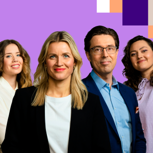Hyvin sanottu -festivaalin juontajat Marleena Lammikko, Milla Madetoja, Jussi-Pekka Rantala ja Aliisa Ristmeri.