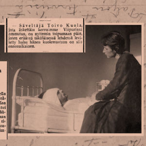 Alma Kuula miehensä Toivo Kuulan sairasvuoteen äärellä Viipurin lääninsairaalassa 1918.