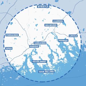 Kartta Itä-Uudenmaan Lähiruoka-alueesta. Micke liikkuu 30 kilometrin säteellä Sannaisista. Lähiruoka-hankkeen kartta