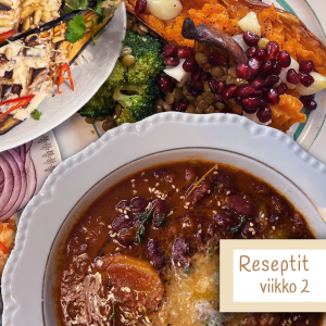 Munakoisoruoka, jonka päällä teksti reseptit, viikko2.