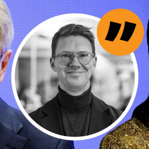 Bildmontage av tre bilder. Till vänster syns en närbild av Pekka Haavisto som talar. Till höger en inklippt bild av Li Andersson som ser ut som om hon tittar på Haavisto. I mitten en inklippt, svartvit bild av Magnus Swanljung.