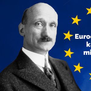 EU:n tähdet, Robert Schuman ja teksti "Eurooppa-päivä kahdessa minuutissa"
