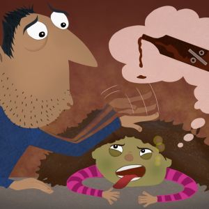 En förälder tröstar ett barn som lider av bakfylla. 