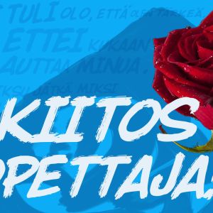Sinisellä pohjalla punainen ruusu ja teksti Kiitos opettaja