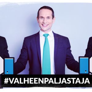 Sama mies erivärisissä kravateissa, keskimmäisen kädet on korvattu Facebook-peukaloilla.