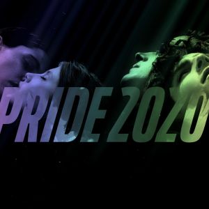 Pride 2020 -kampanjanmarkkinointikuva. Mustalla taustalla näkyy Thelma- ja Call Me by Your Name -elokuvien päähahmojen kasvot, keskellä teksti Pride 2020.