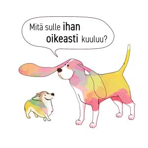 Kaksi koiraa, joista isompi nostaa ison korvansa pienempää kohti, piirrosgrafiikka. 