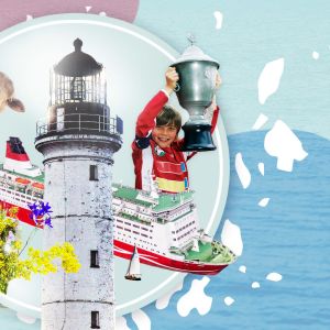 Kooste Ahvenanmaata kuvaavista asioista: majakka, kasveja, lammas, ruotsinlaiva ja nuori jalkapalloilija nostamassa pokaalia. Taustalla Ahvenanmaan kartta.