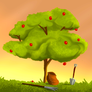 Piirroskuvassa on omenapuu, joka alkaa muuttua syksyiseen väritykseen ja on jo tiputtanut osan omenoistaan.