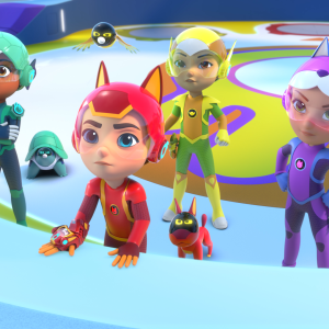 Pelastajapartion seitsemän animaatiohahmoa katsovat vasemmalle.