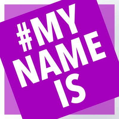 Vaaleanpunainen #MY NAME IS -logo.