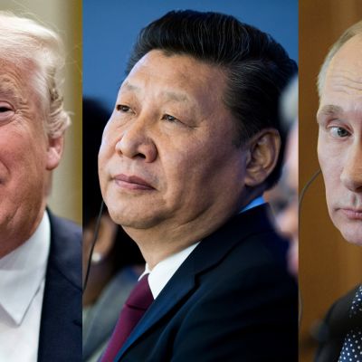 Yhdysvaltain presidentti Donald Trump (vas.) ja Kiinan presidentti Xi Jinping ja Venäjän presidentti Vladimir Putin.