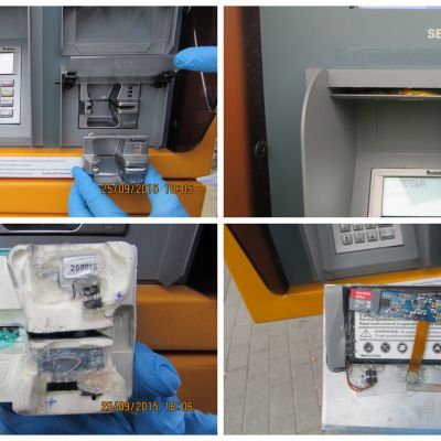 Skimmauslaitteen osia maksuautomaatista irrotettuna irrotettuna.