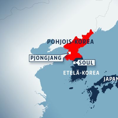 Kartta, jossa näkyy Etelä- ja Pohjois-Korean sijainnit suhteessa Japaniin.