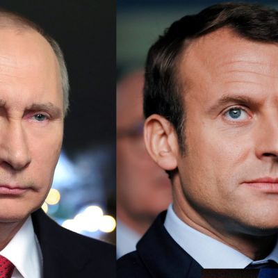 Venäjän presidentti Vladimir Putin (vas.) ja Ranskan presidentti Emmanuel Macron kuvakollaasissa. 