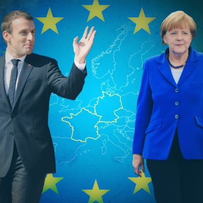 Kollaasimainen kuvituskuva, etualla Macron sekä Merkel