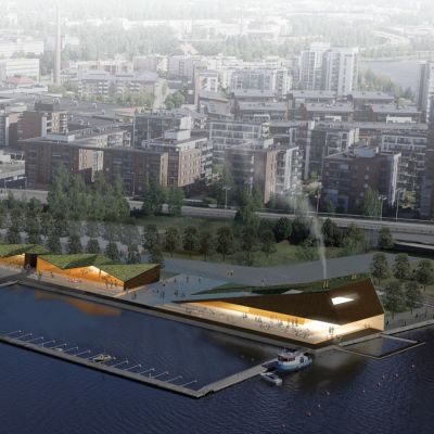 Havainnekuva Jyväskylän satamankärjen saunaravintolasta.
