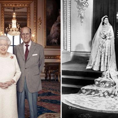 Kuningatar Elisabetin ja prinssi Philipin virallinen hääpäiväpotretti sekä hääkuva vuodelta 1947.